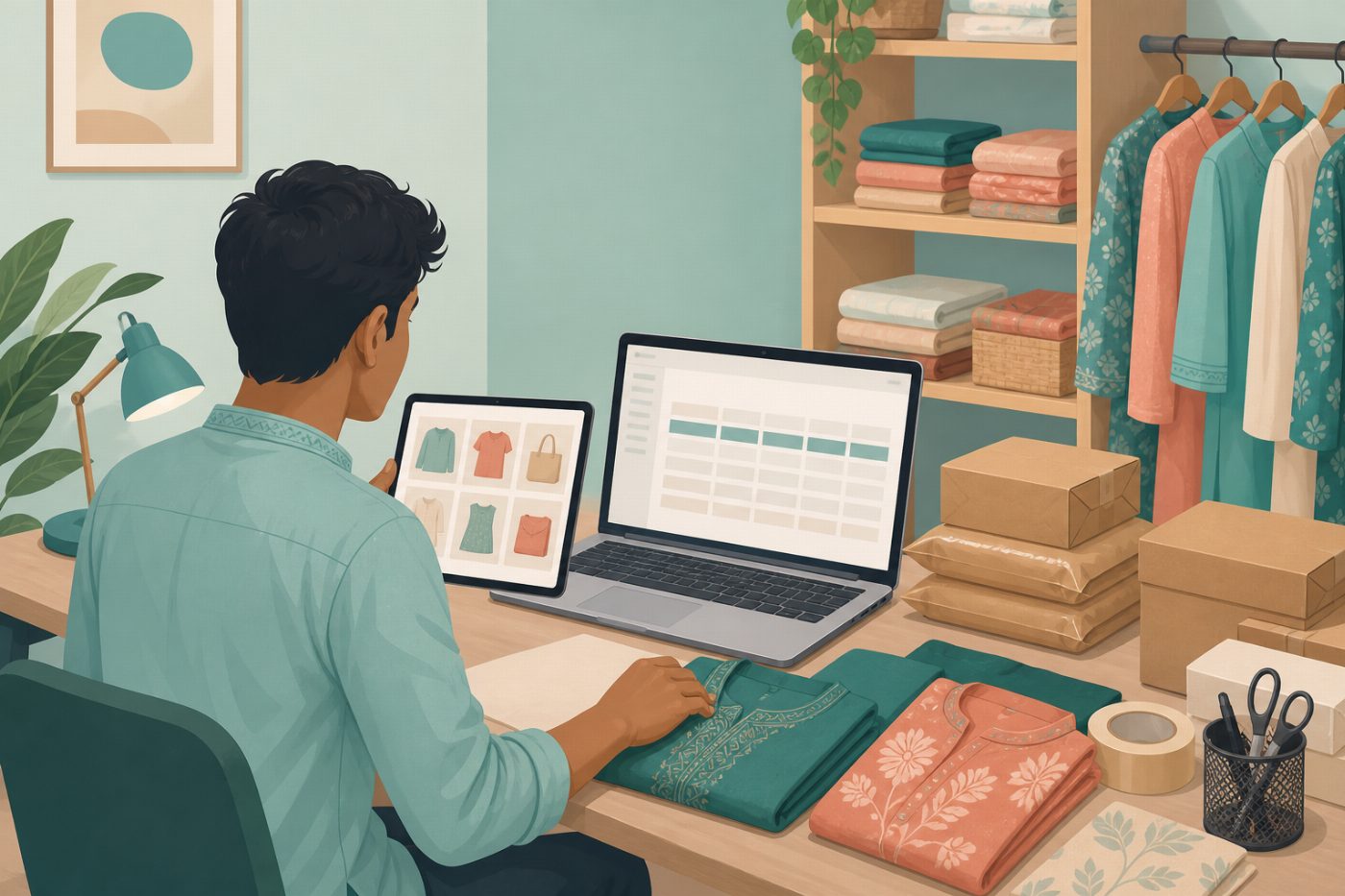 A small online-shop owner compares two stock systems beside parcels and shelves.