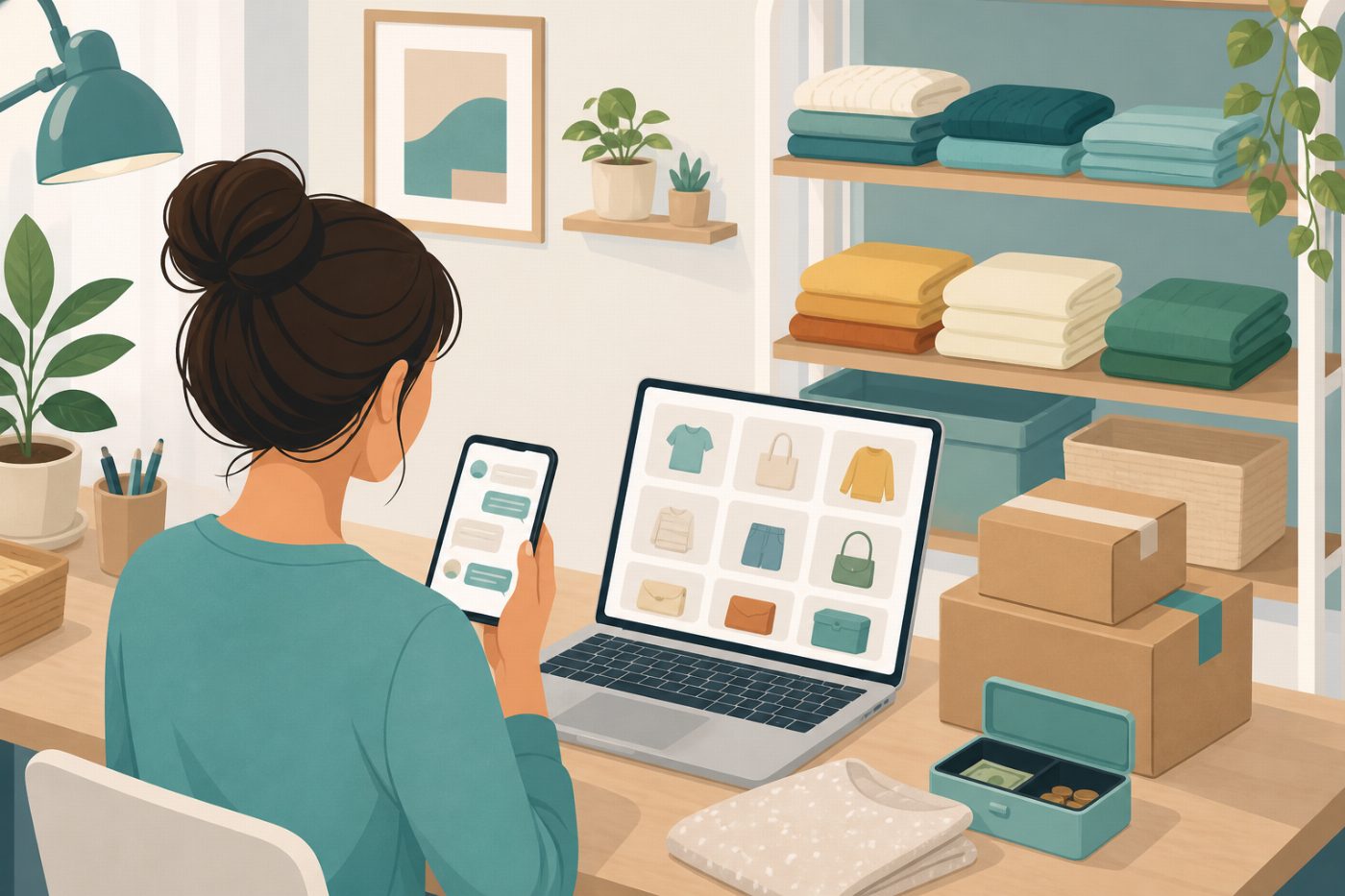 A seller uses a phone and laptop beside stock, parcels and a cash drawer.