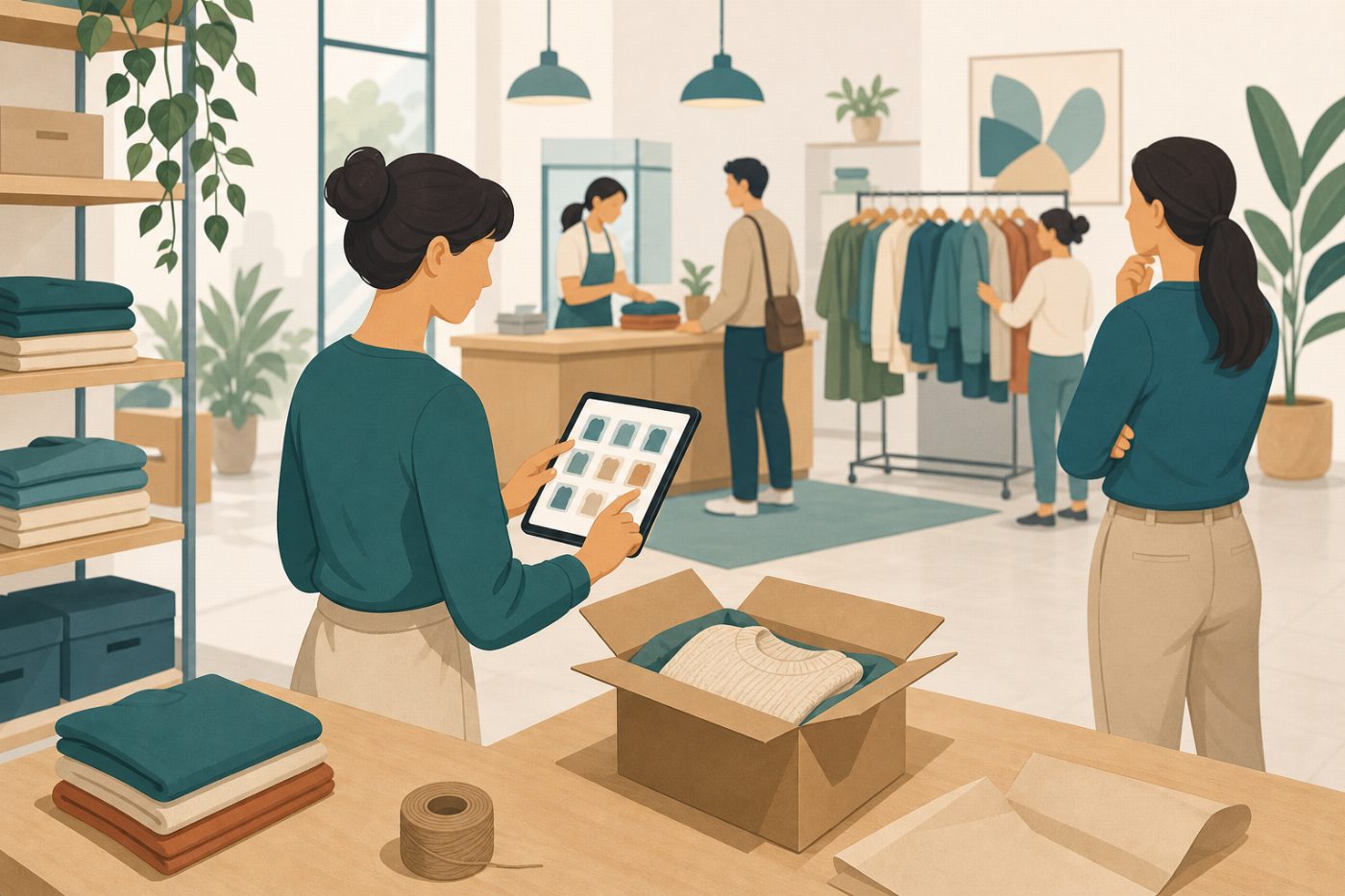 A seller tests software while picking and packing a garment from stock.