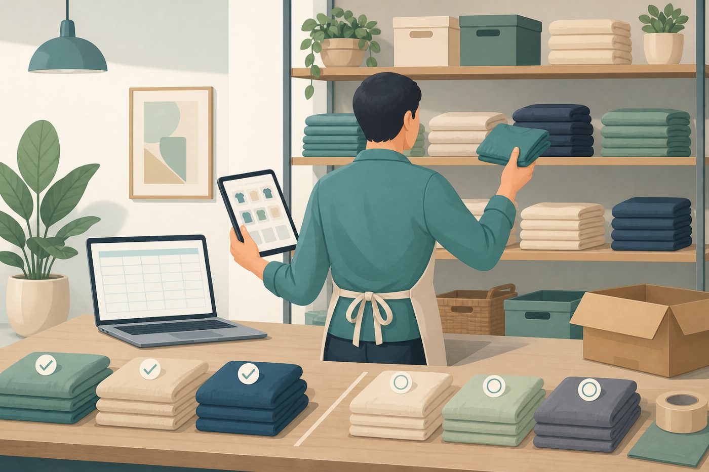 A shop owner checks physical stock while moving records between two systems.